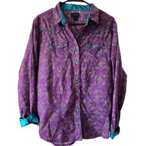 Wrangler XXL Western Shirt Fun Pattern Pearl Snap Satin Flip Cuff Teal